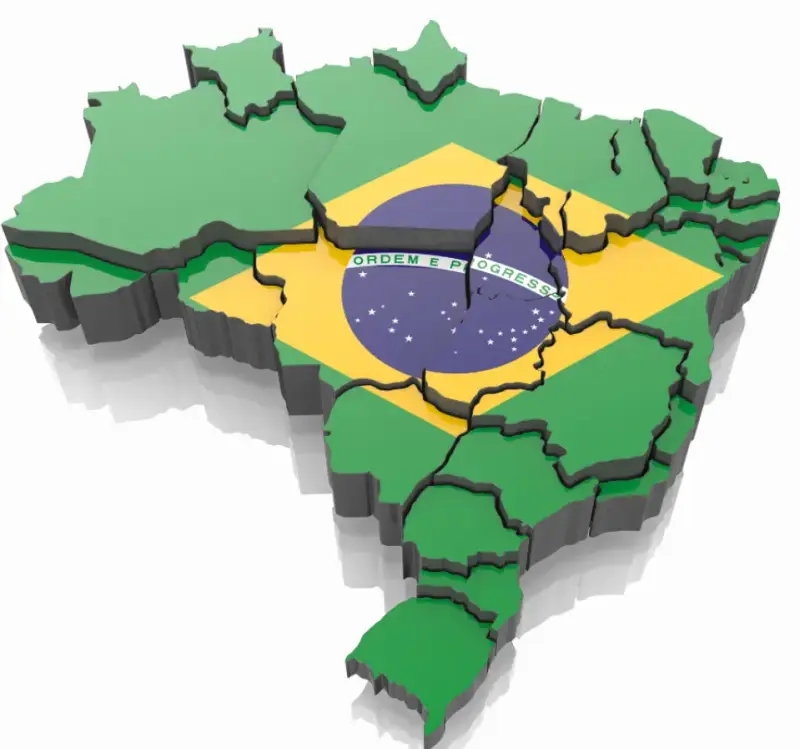 Relief map of Brazil in the colors of the flag, showing the division of the states